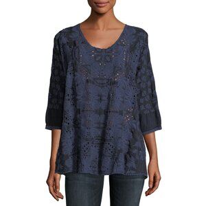Johnny Was Womens XS Blue Christina Eyelet Georgette Top 3/4 Sleeve Shirt Blouse